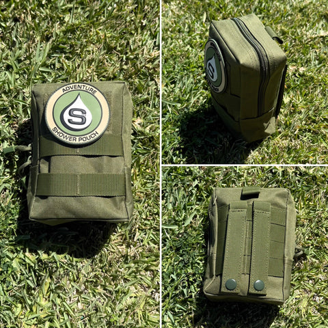 Tactical Molle Zipper Bag + Adventure Sampler Kit: 4 Shower Pouches, 1 Hand Sanitizer (80%), and 1 Deodorant