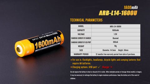 Fenix ARB-L14-1600U 1.5V USB Rechargeable Li-ion AA Battery