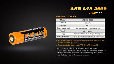 Fenix ARB-L18-2600 High-Capacity 18650 Battery - 2600mAh
