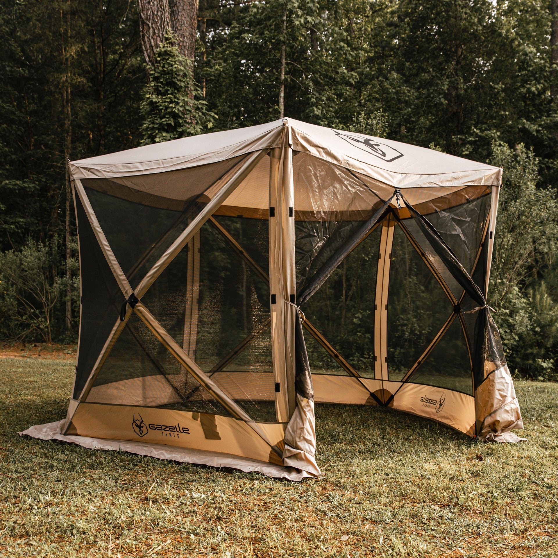 camping gazebo tent Gazelle Tents G5 5-Sided Portable Gazebo with TriTech Mesh, Pop-Up Hub Screen Tent, Waterproof, UV Resistant, 4-Person & Table, Desert Sand, Includes