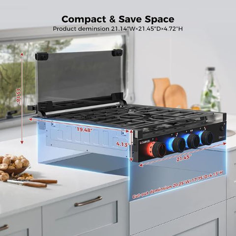 CAMPLUX RV Stove 3 Burners 21,000 BTU, 21 Inches Propane RV Cooktop Elite