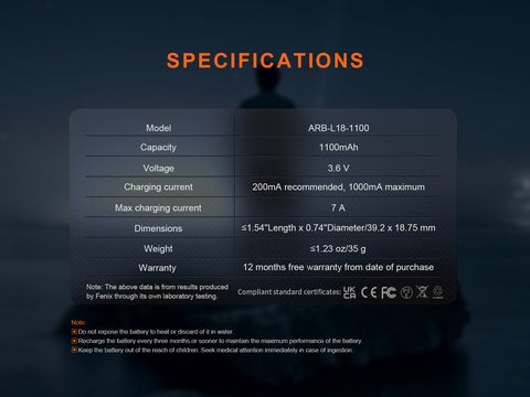 Fenix ARB-L18-1100 Rechargeable 18350 Battery