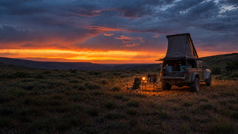 Overland rig with a rooftop tent camped on a ridge at sunset