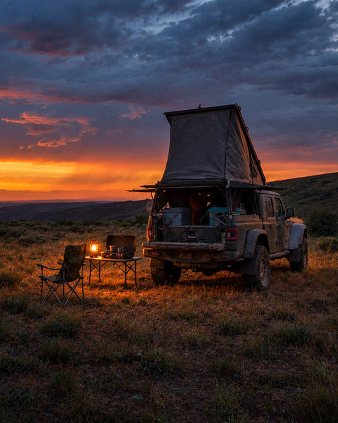 Overland rig with a rooftop tent camped on a ridge at sunset